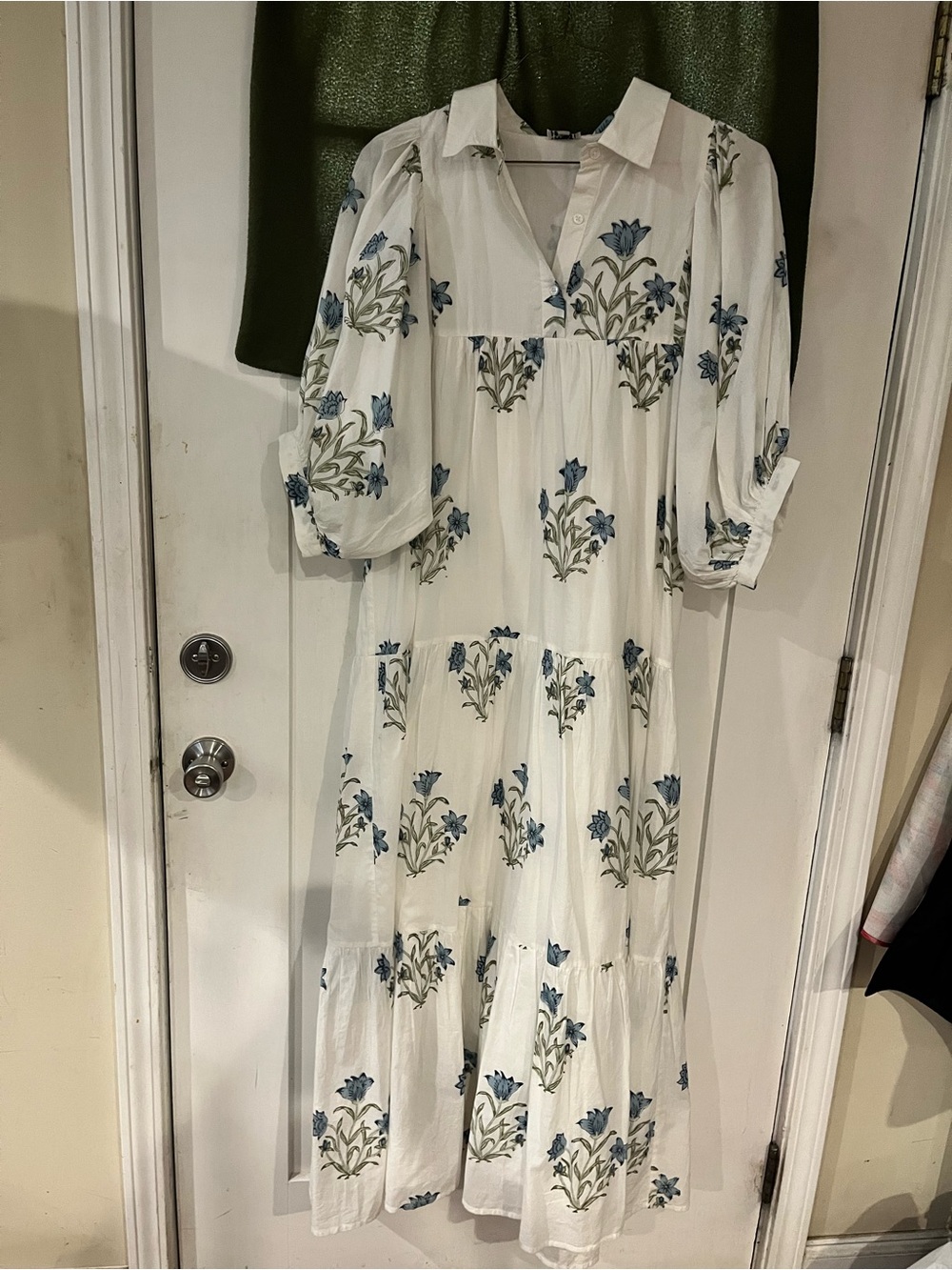 White Floral Tiered Maxi Dress with Blue Print made by Saule PARC